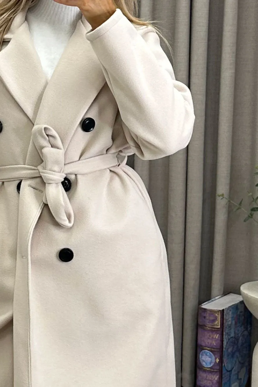 Kennie Beige Wool Button Up Belted Trench Longline Coat