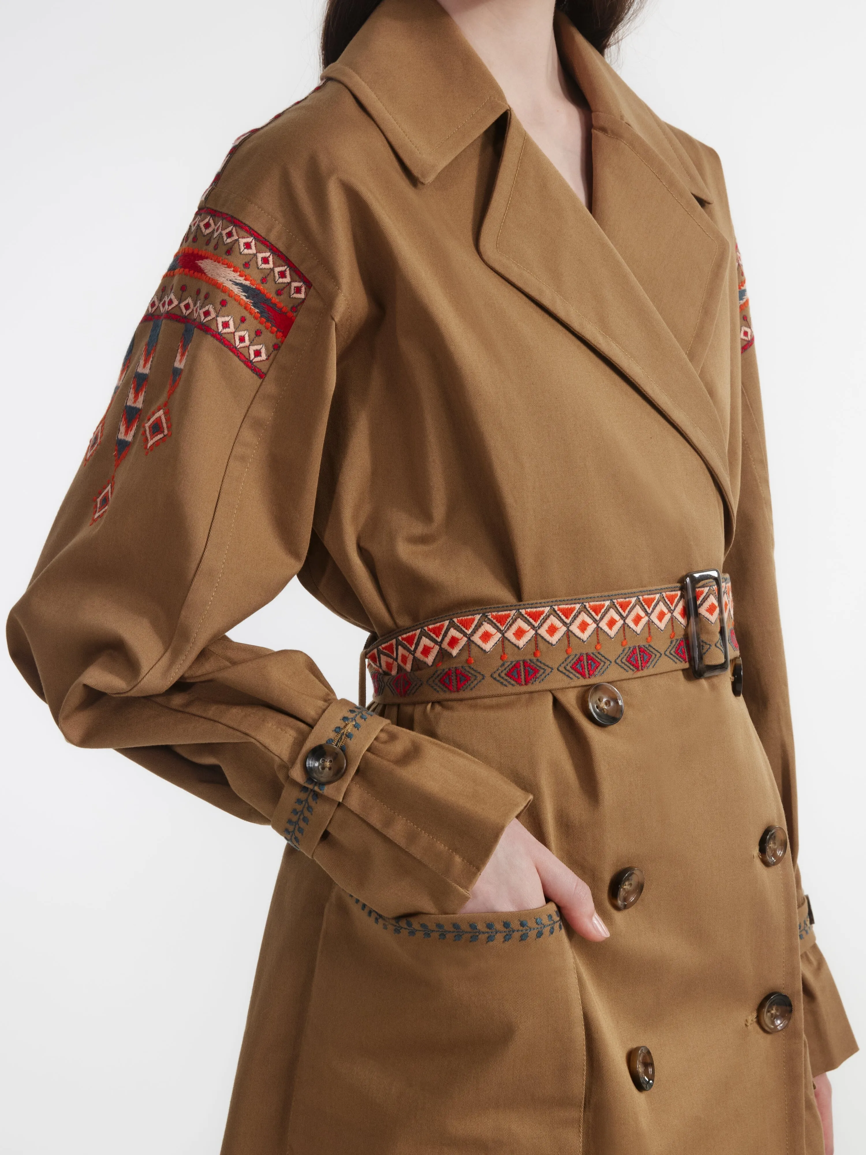 Khaki Trench With Ikat Embroidery