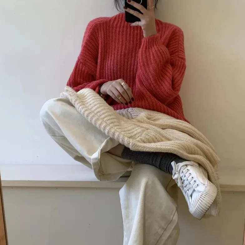 [Korean Style] Gem Solid Color Rib Knit Sweater