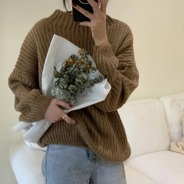 [Korean Style] Gem Solid Color Rib Knit Sweater
