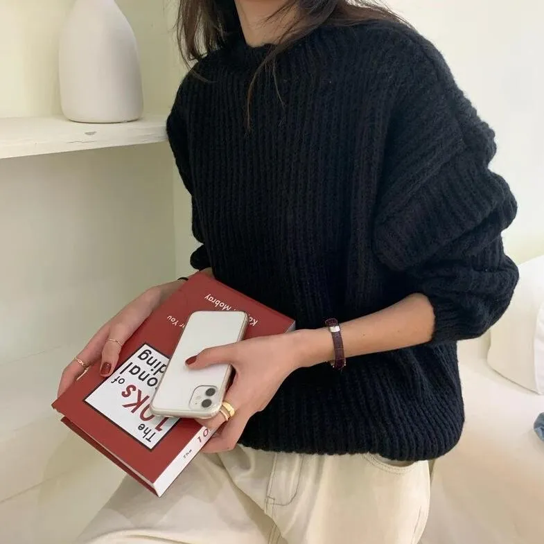 [Korean Style] Gem Solid Color Rib Knit Sweater