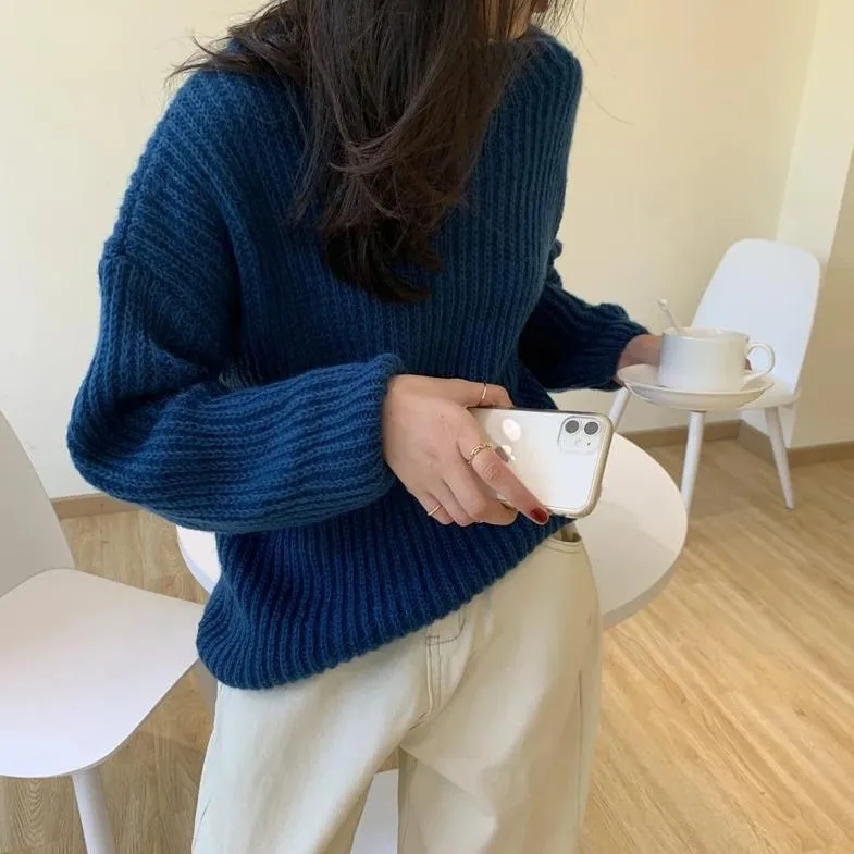 [Korean Style] Gem Solid Color Rib Knit Sweater