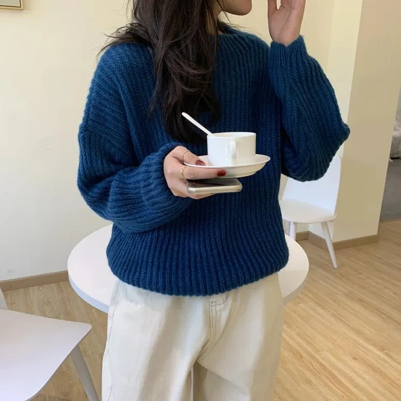 [Korean Style] Gem Solid Color Rib Knit Sweater