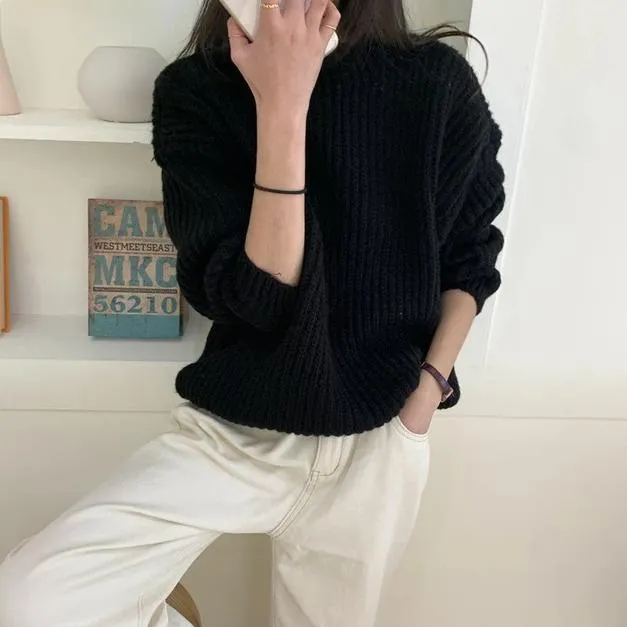 [Korean Style] Gem Solid Color Rib Knit Sweater