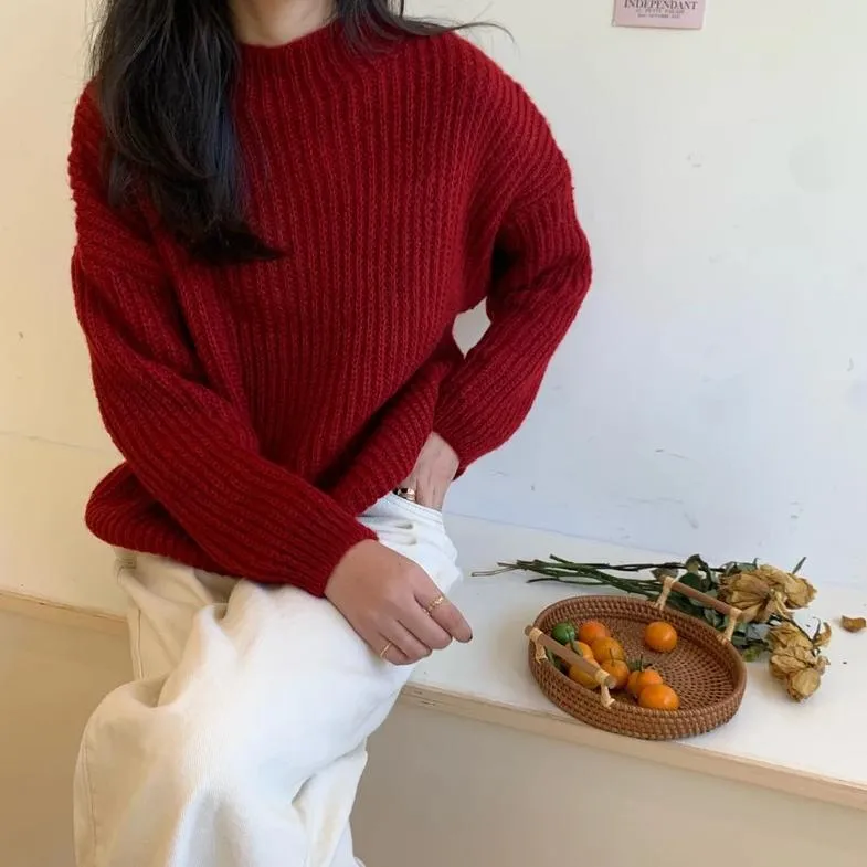 [Korean Style] Gem Solid Color Rib Knit Sweater