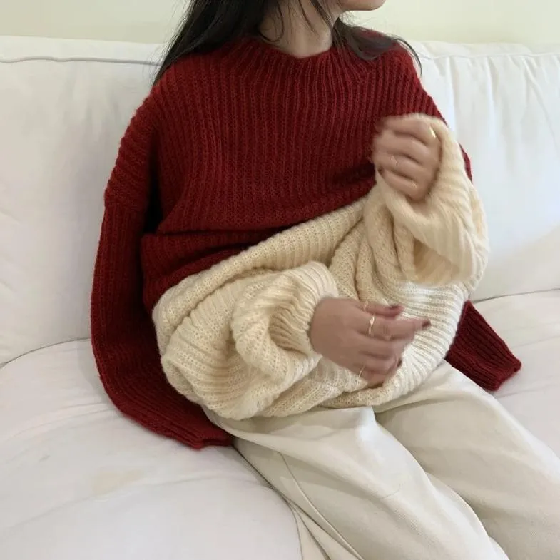 [Korean Style] Gem Solid Color Rib Knit Sweater