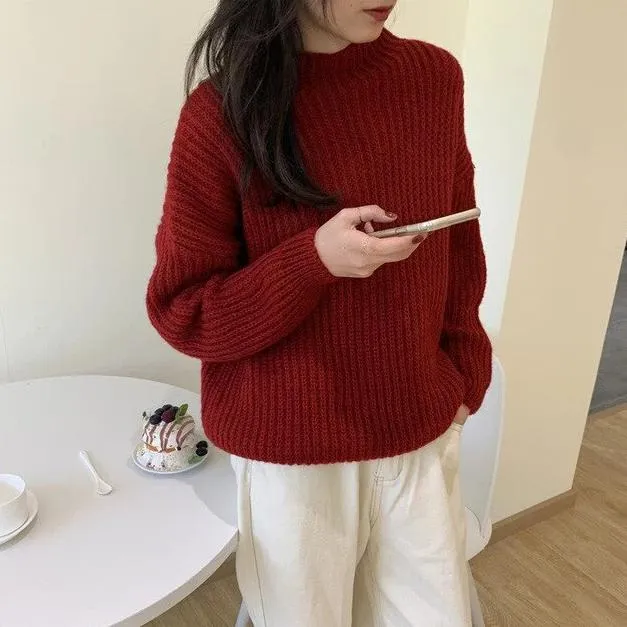 [Korean Style] Gem Solid Color Rib Knit Sweater