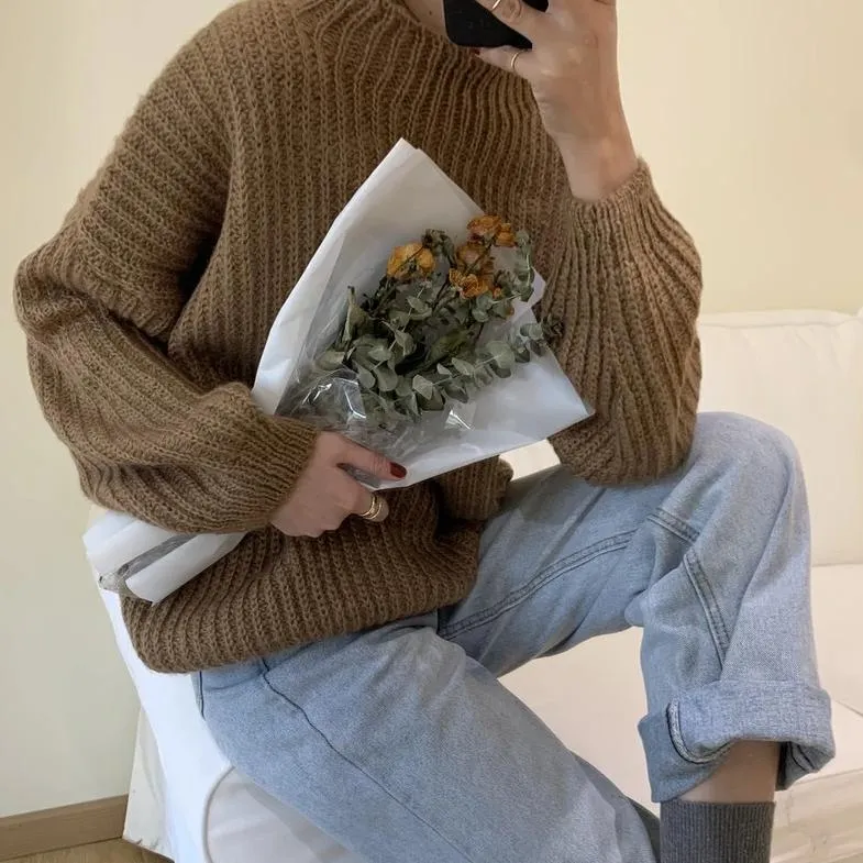 [Korean Style] Gem Solid Color Rib Knit Sweater