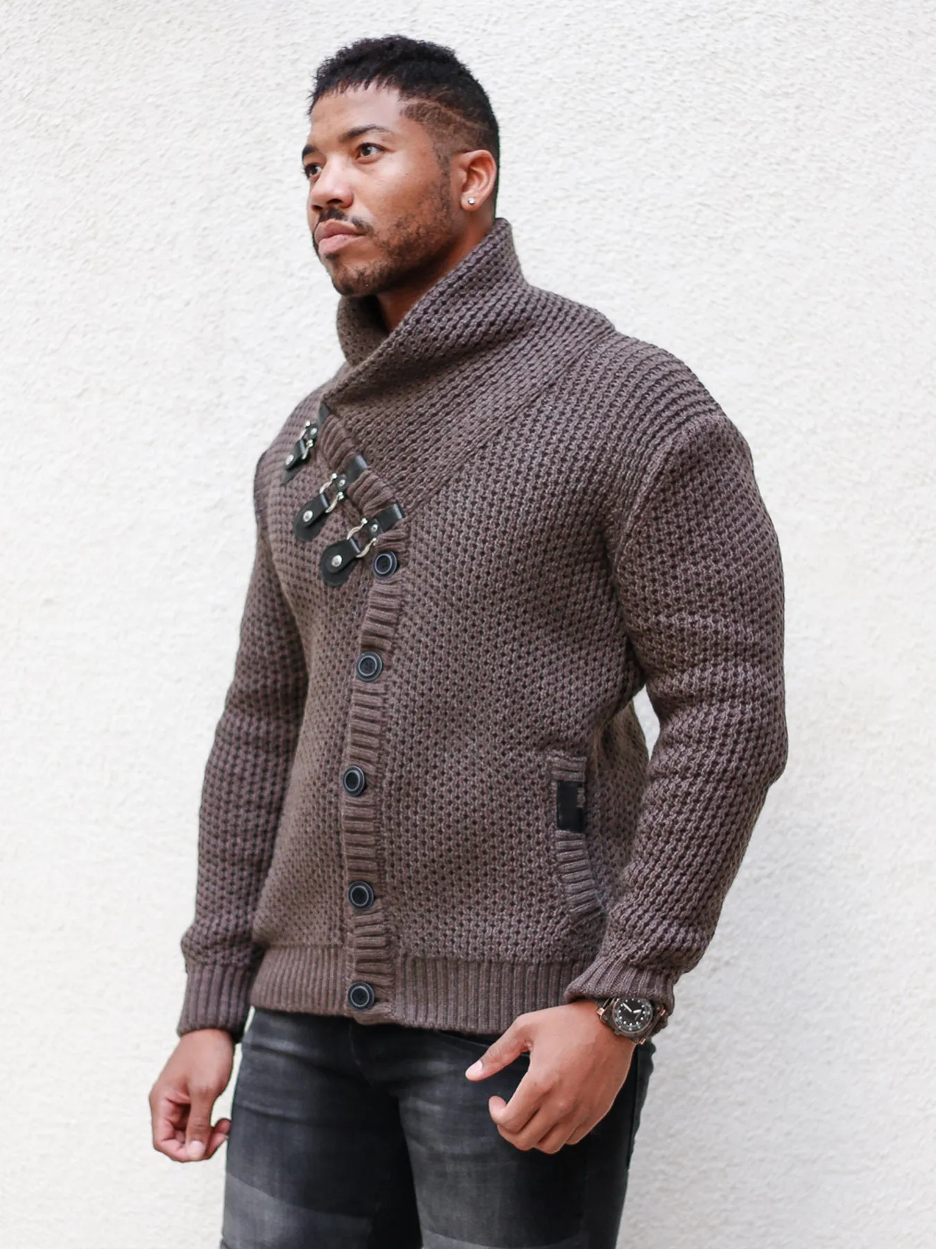 [Liam] Mahogany Shawl Collar Button Sweater