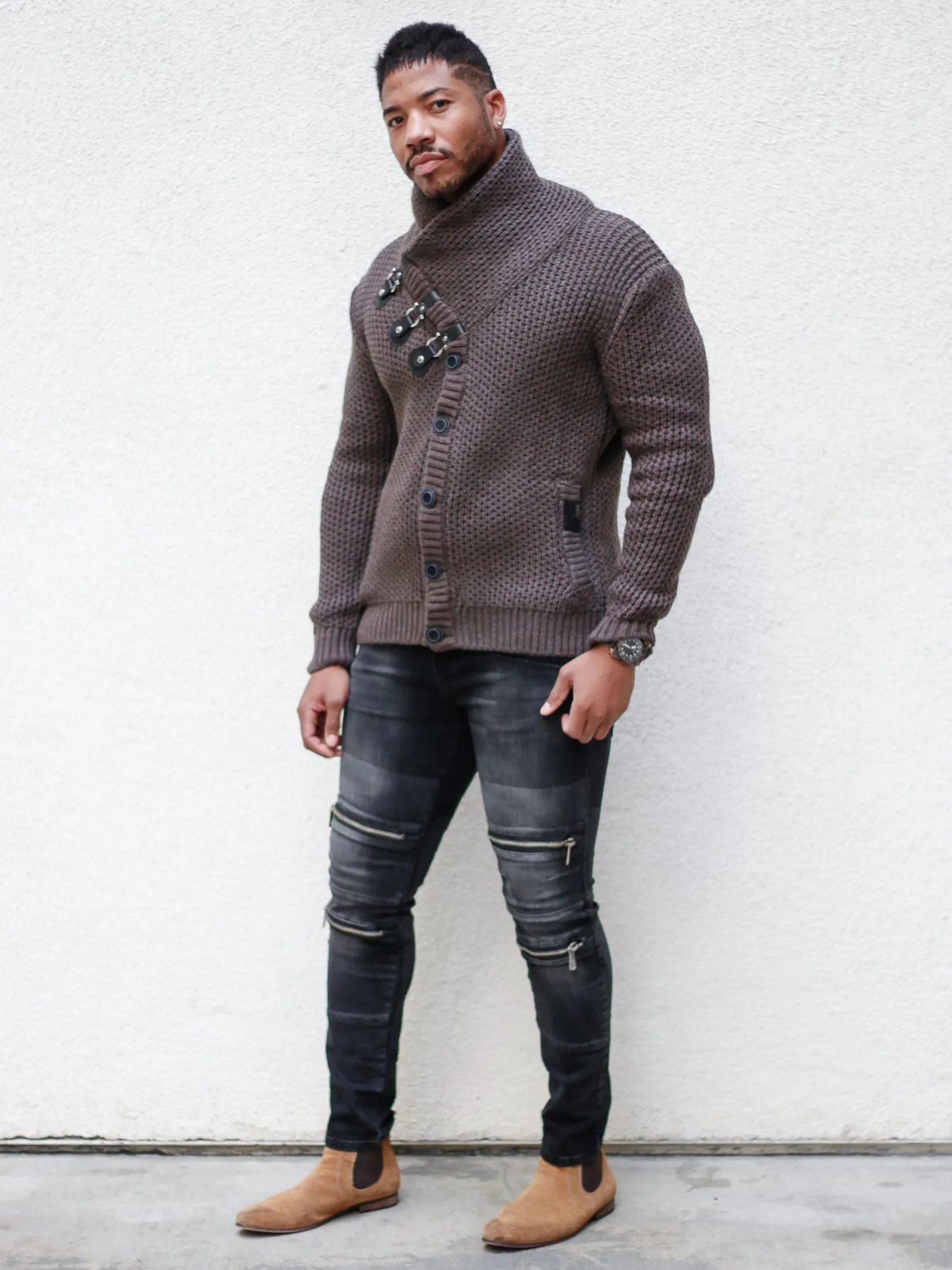 [Liam] Mahogany Shawl Collar Button Sweater