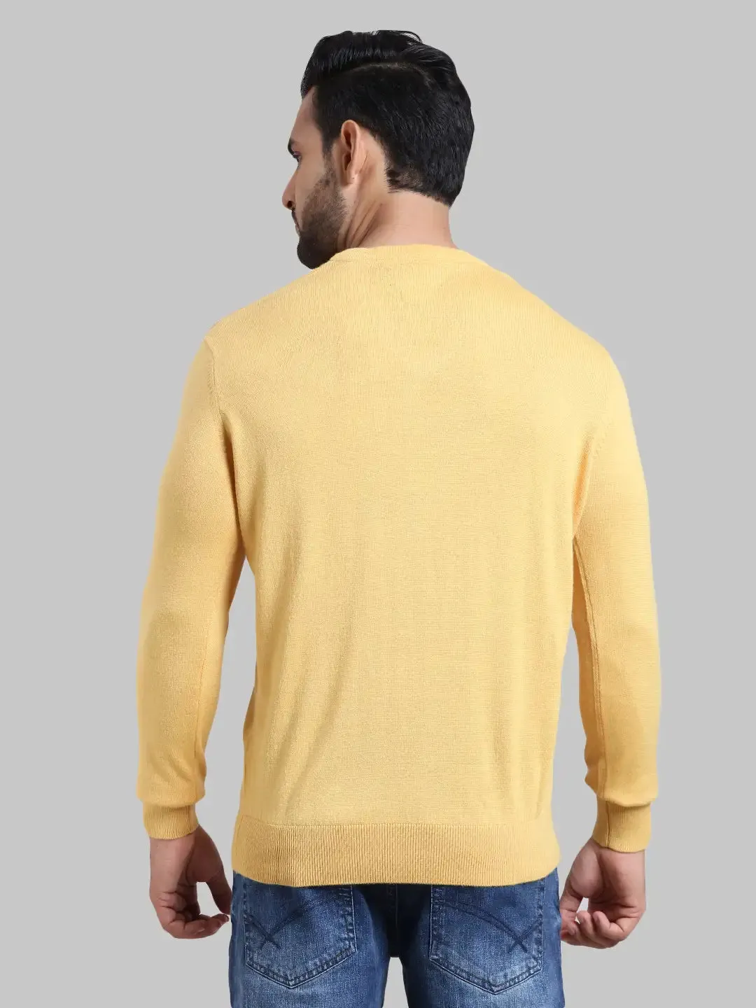 Men Yellow Tailored Fit Solid Wool Blend Full Sleeve V Neck Collar Sweaters