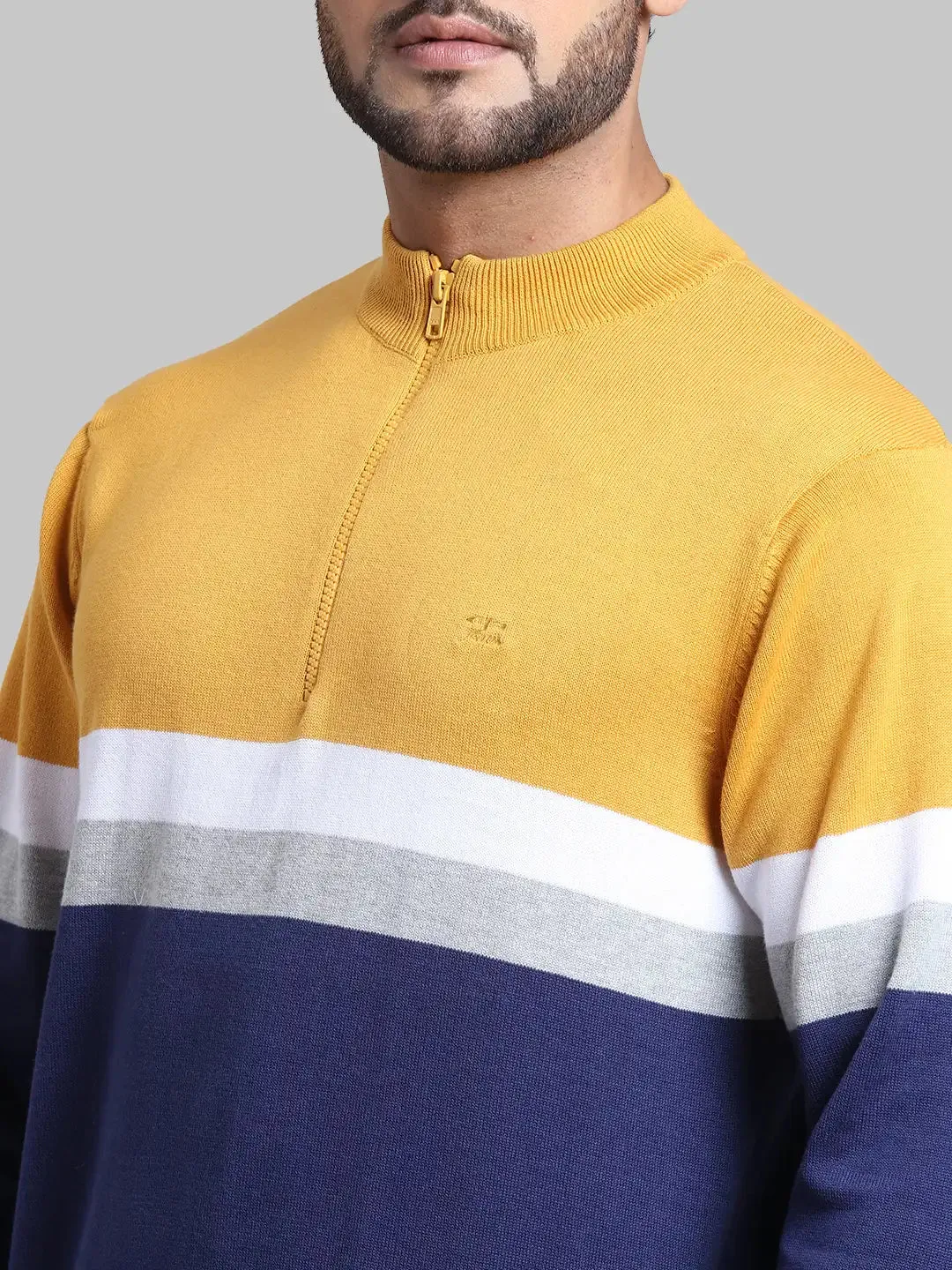 Men Yellow Tailored Fit Stripe Cotton Full Sleeve Henley Neck Collar Sweaters