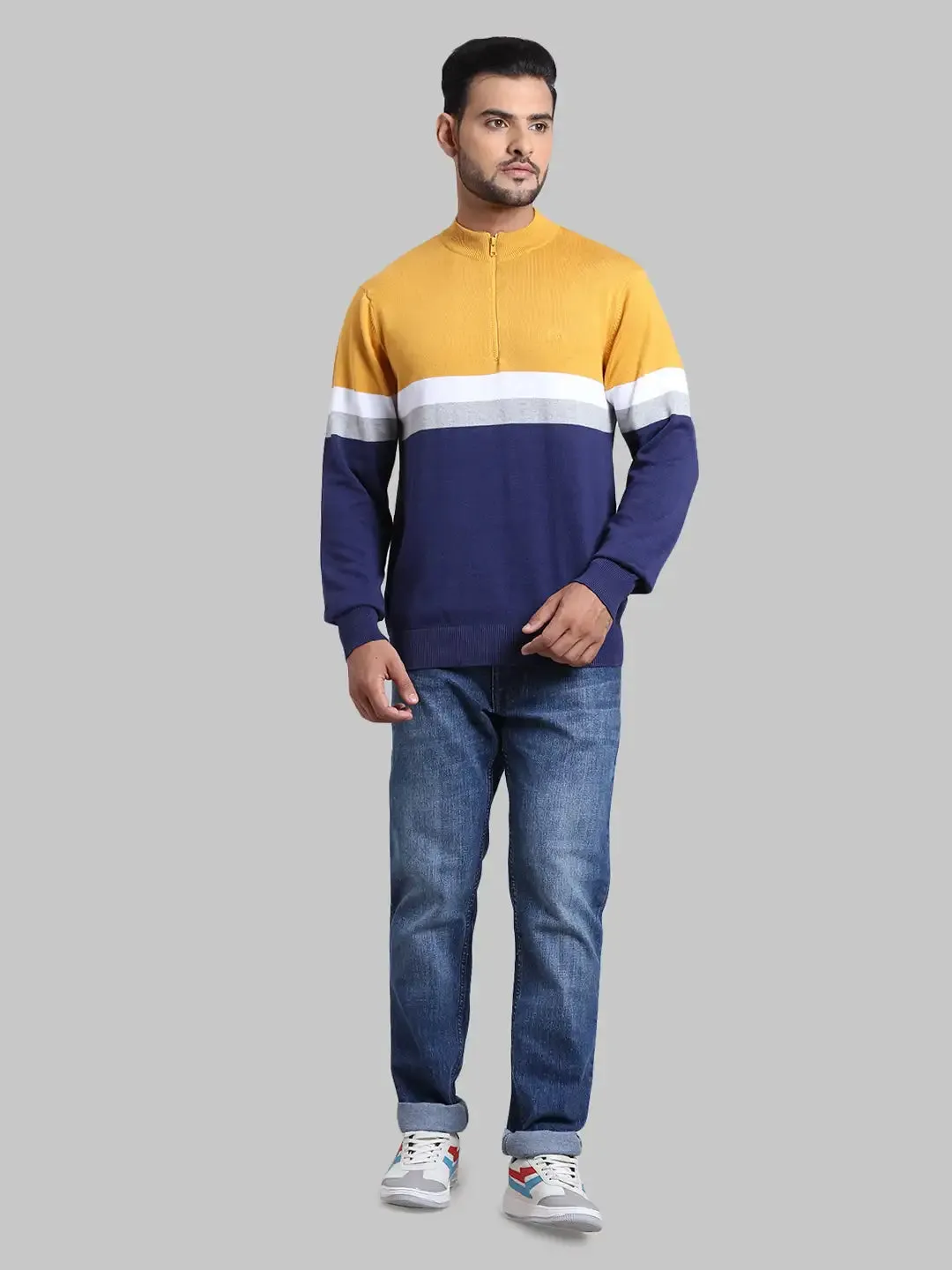 Men Yellow Tailored Fit Stripe Cotton Full Sleeve Henley Neck Collar Sweaters