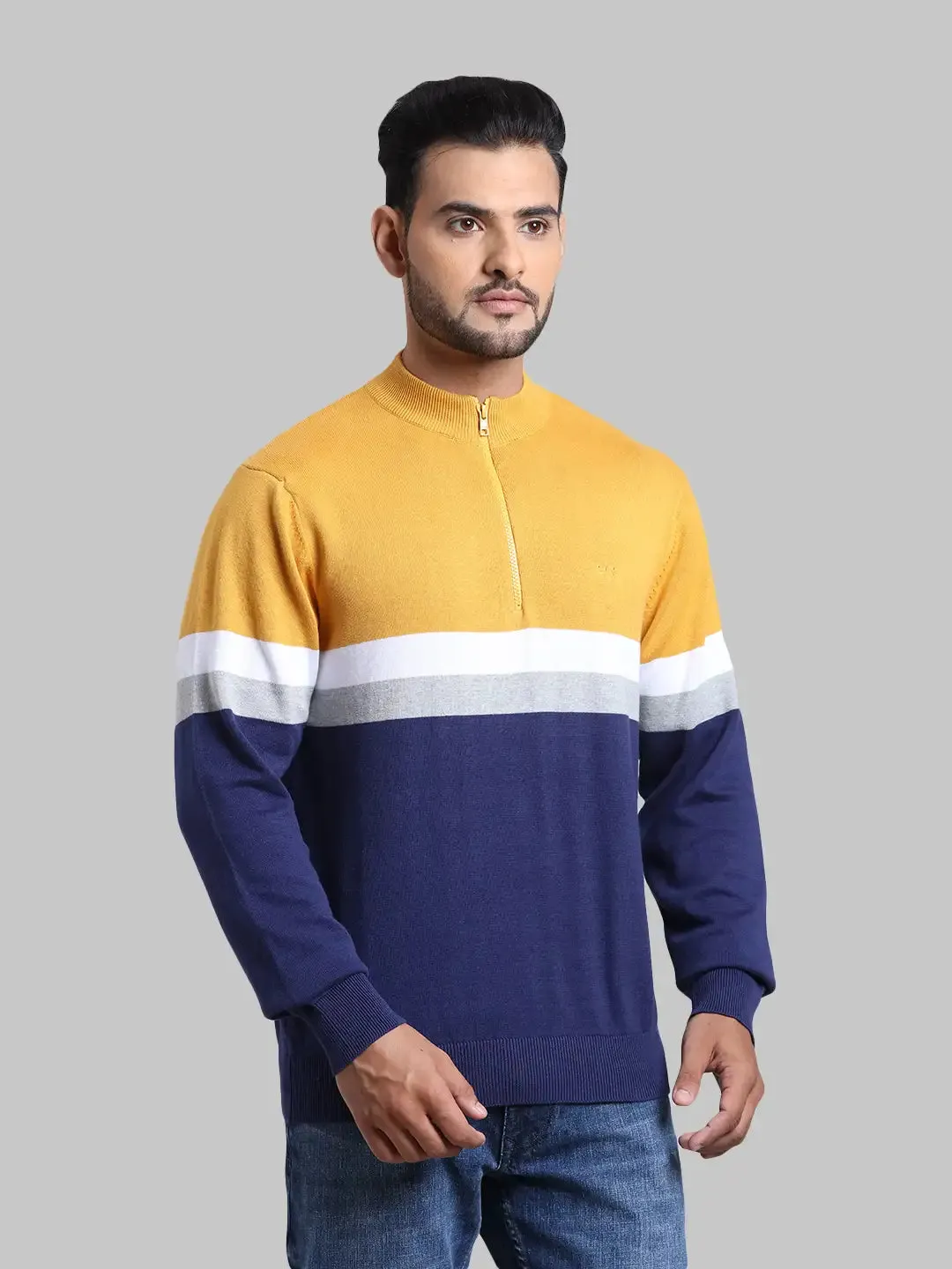 Men Yellow Tailored Fit Stripe Cotton Full Sleeve Henley Neck Collar Sweaters