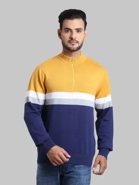 Men Yellow Tailored Fit Stripe Cotton Full Sleeve Henley Neck Collar Sweaters