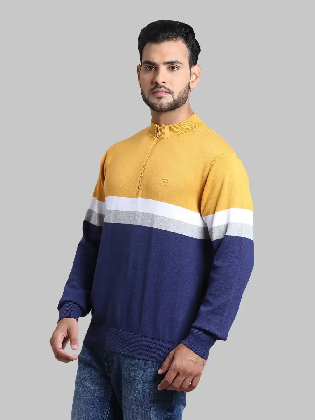 Men Yellow Tailored Fit Stripe Cotton Full Sleeve Henley Neck Collar Sweaters
