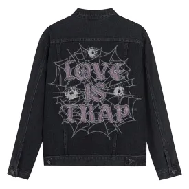 Mens Vintage LOVE IS TRAP Graphic Button Up Denim Jacket