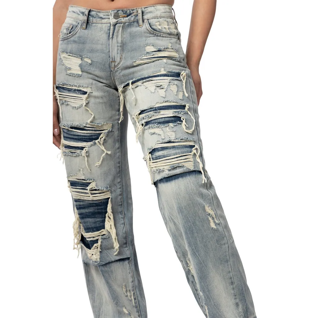 Mid Rise Wide Leg Rip Off Jeans - Industrial Blue