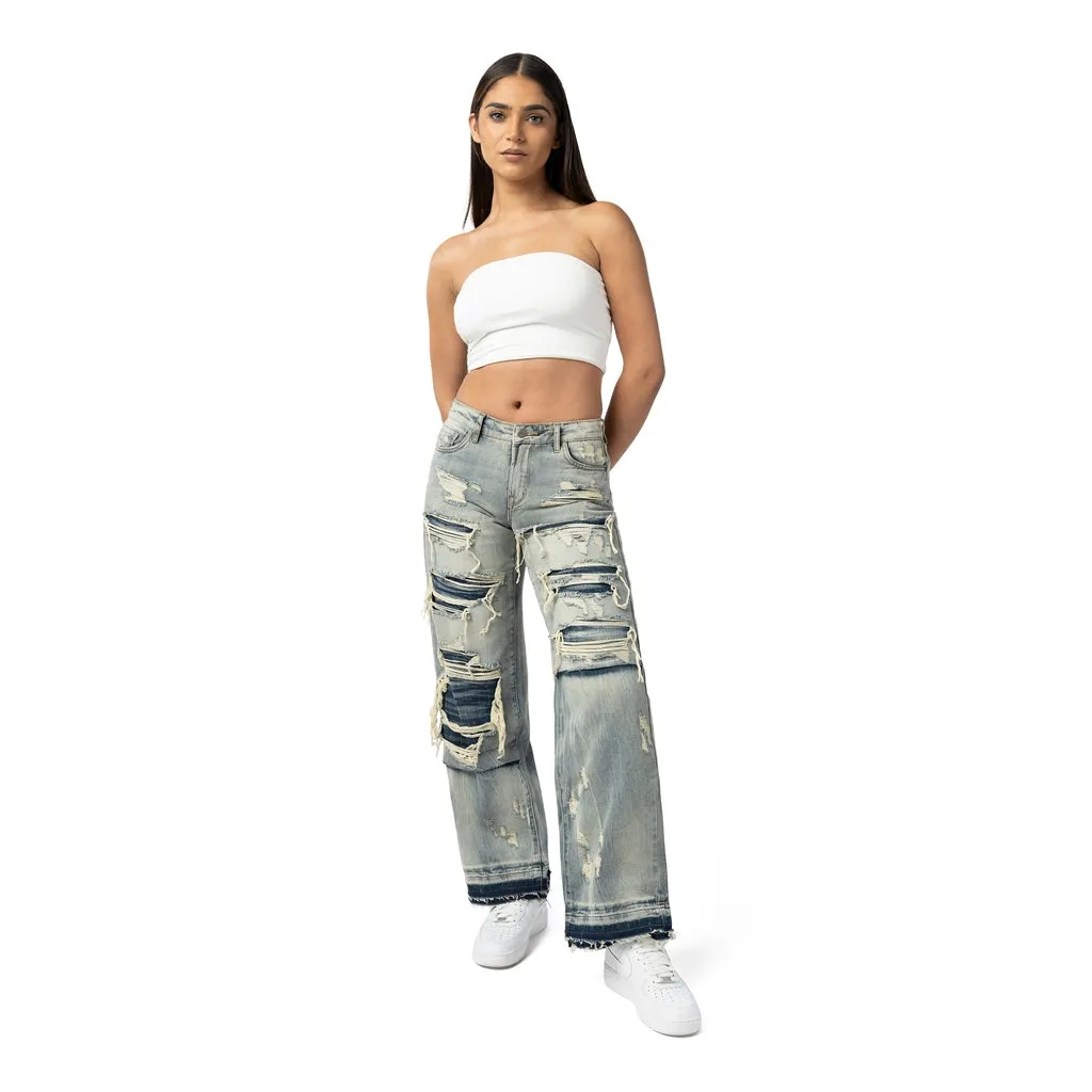 Mid Rise Wide Leg Rip Off Jeans - Industrial Blue