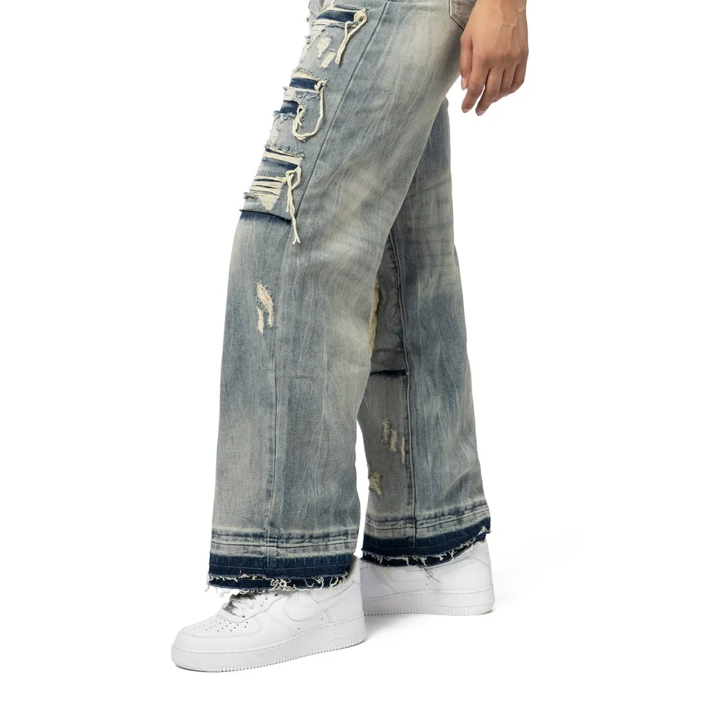 Mid Rise Wide Leg Rip Off Jeans - Industrial Blue