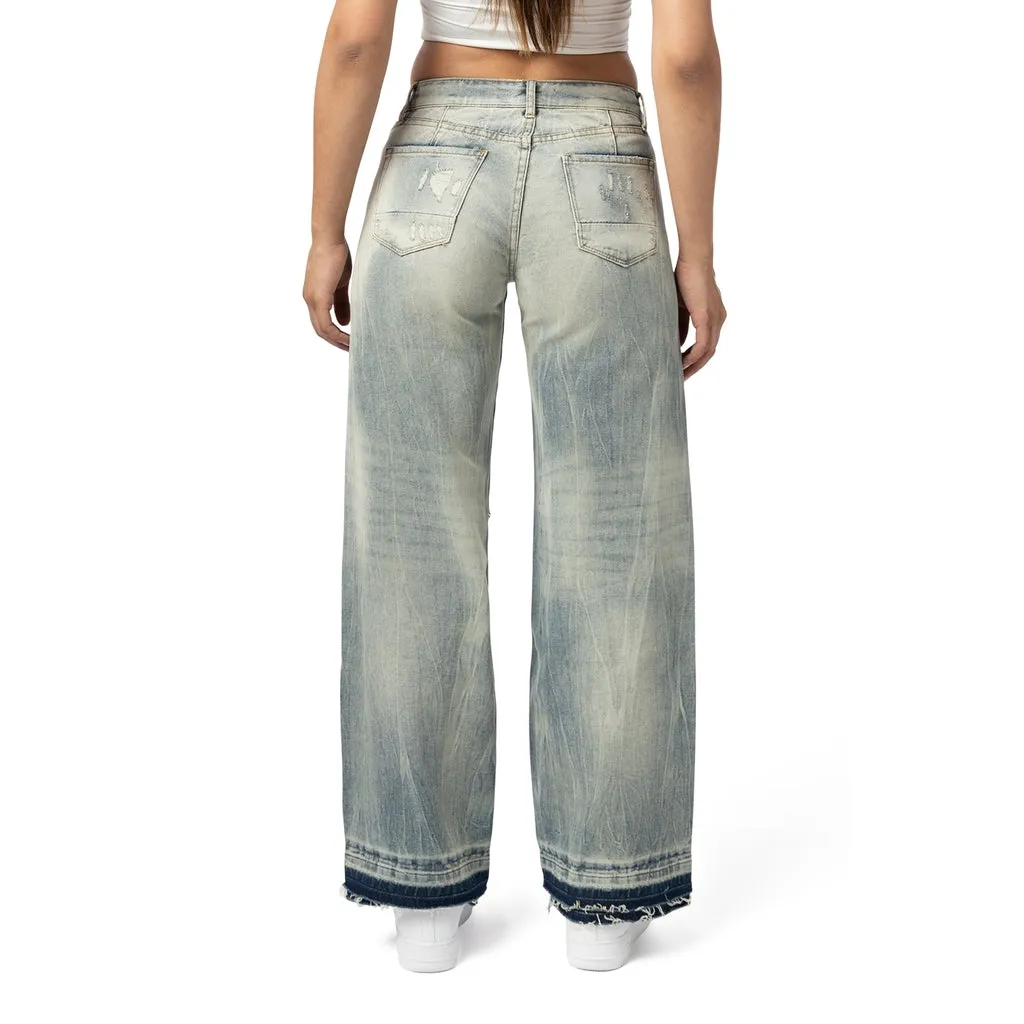 Mid Rise Wide Leg Rip Off Jeans - Industrial Blue