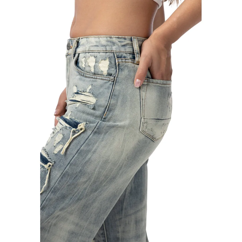 Mid Rise Wide Leg Rip Off Jeans - Industrial Blue