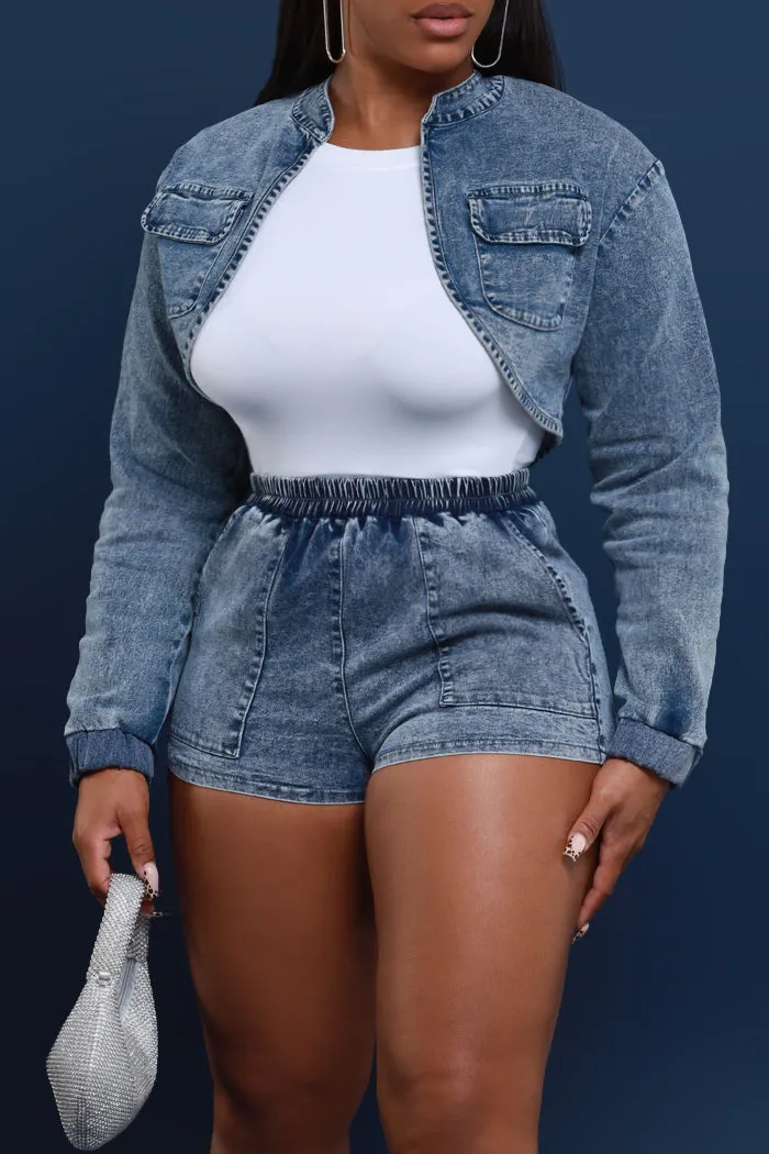 Not A Choice High Rise Denim Shorts - Blue