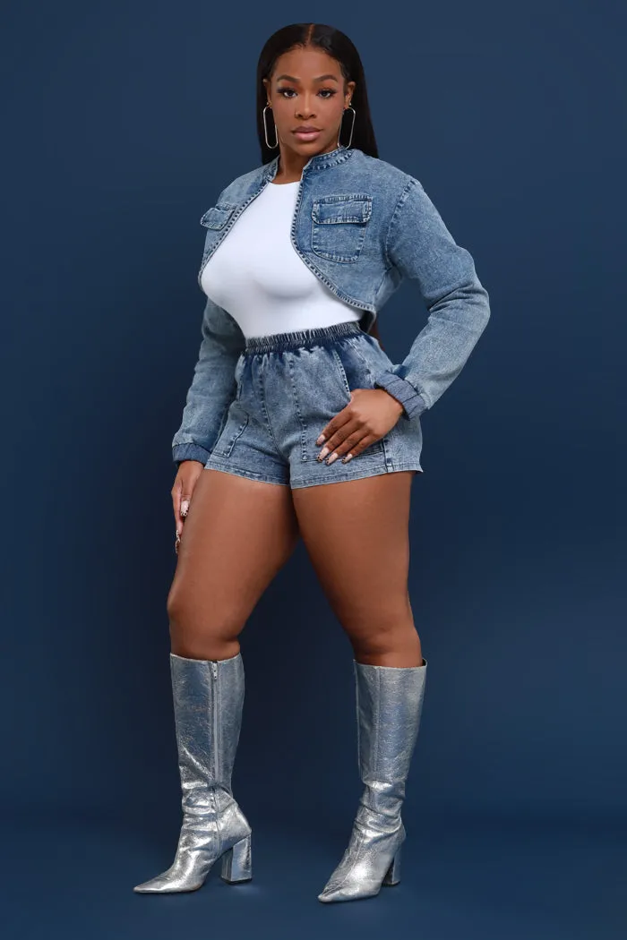 Not A Choice High Rise Denim Shorts - Blue