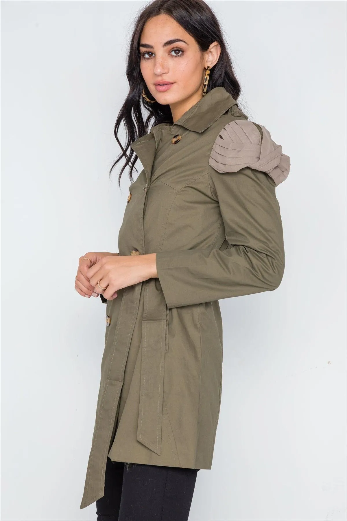 Olive Double Breasted Long Sleeve Trench Coat /1-2-2