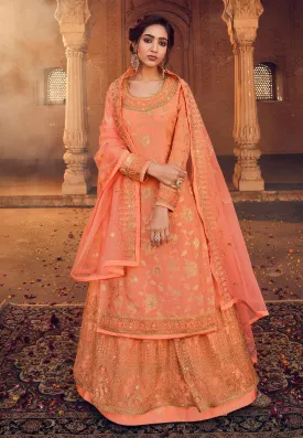 Orange Zari Embroidered Lehenga Style Suit