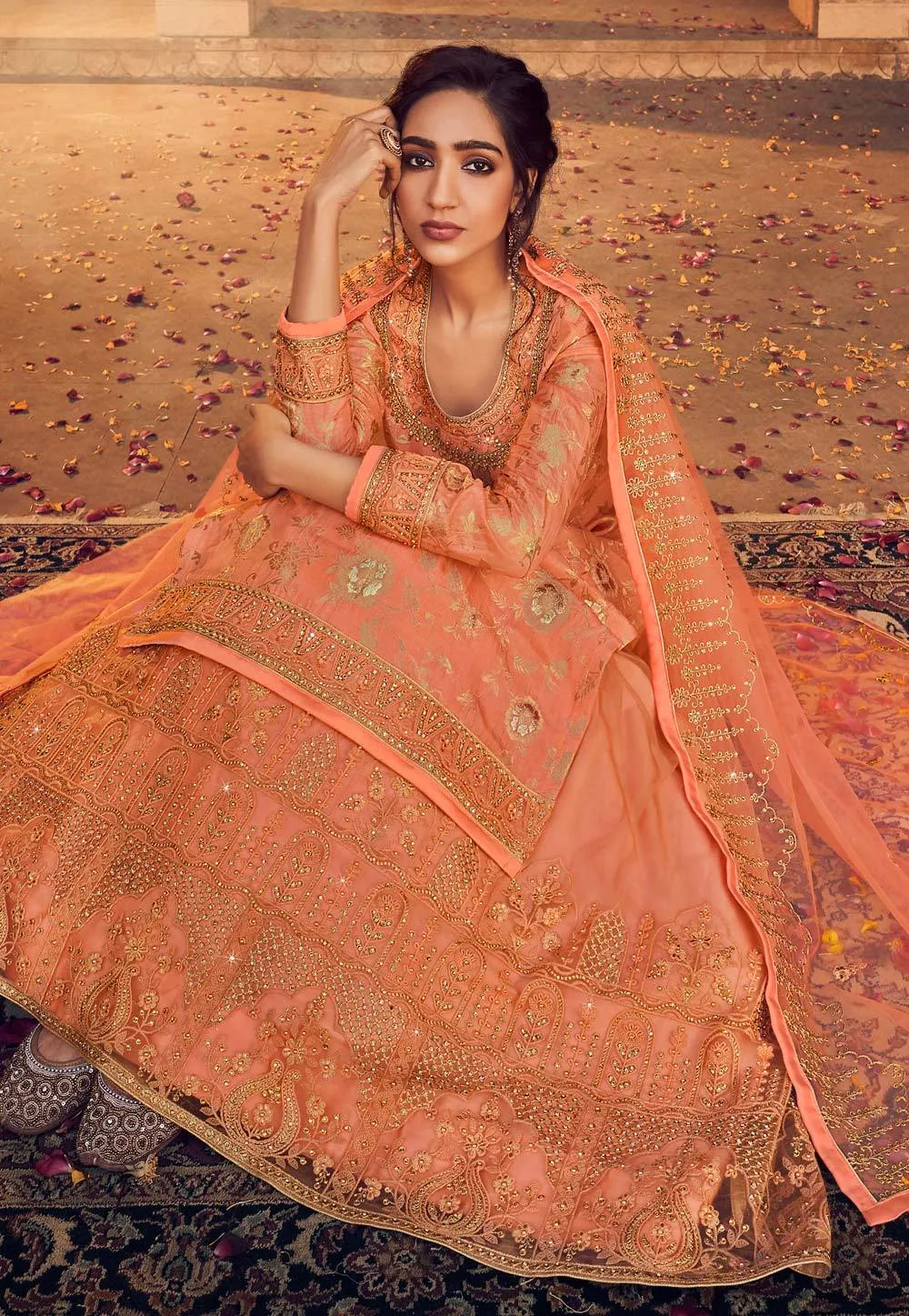 Orange Zari Embroidered Lehenga Style Suit