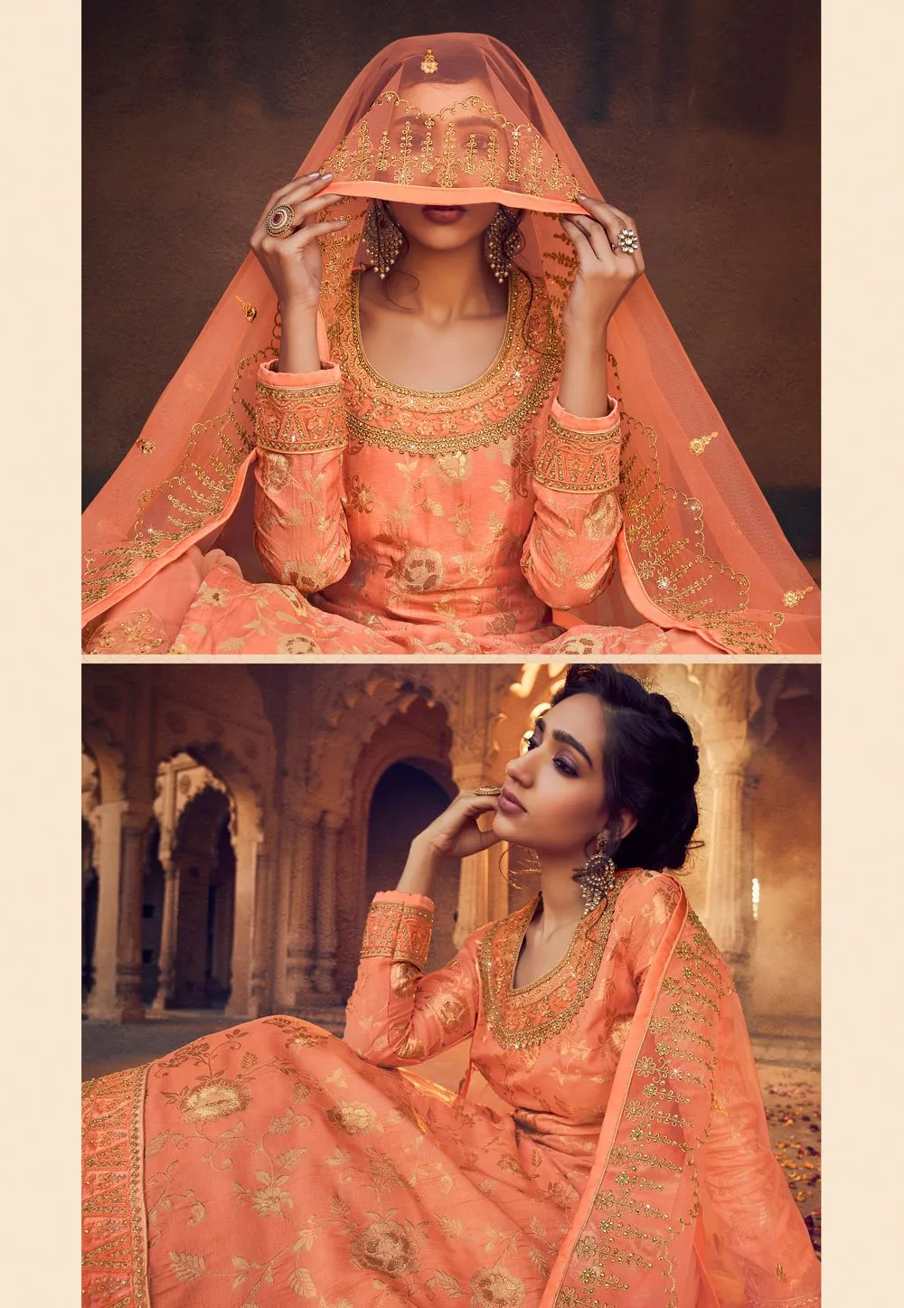 Orange Zari Embroidered Lehenga Style Suit