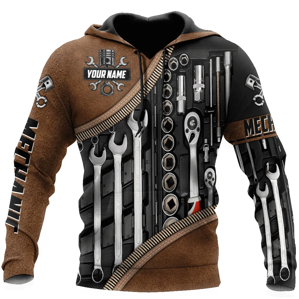 Personalized Name Tool Mechanic Leather Pattern Hoodie, Mechanic Hoodie For Men And Women 