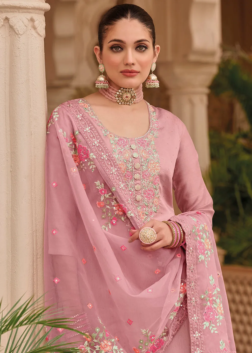 Pink Maheshwari Silk Embroidered Festive Salwar Suit