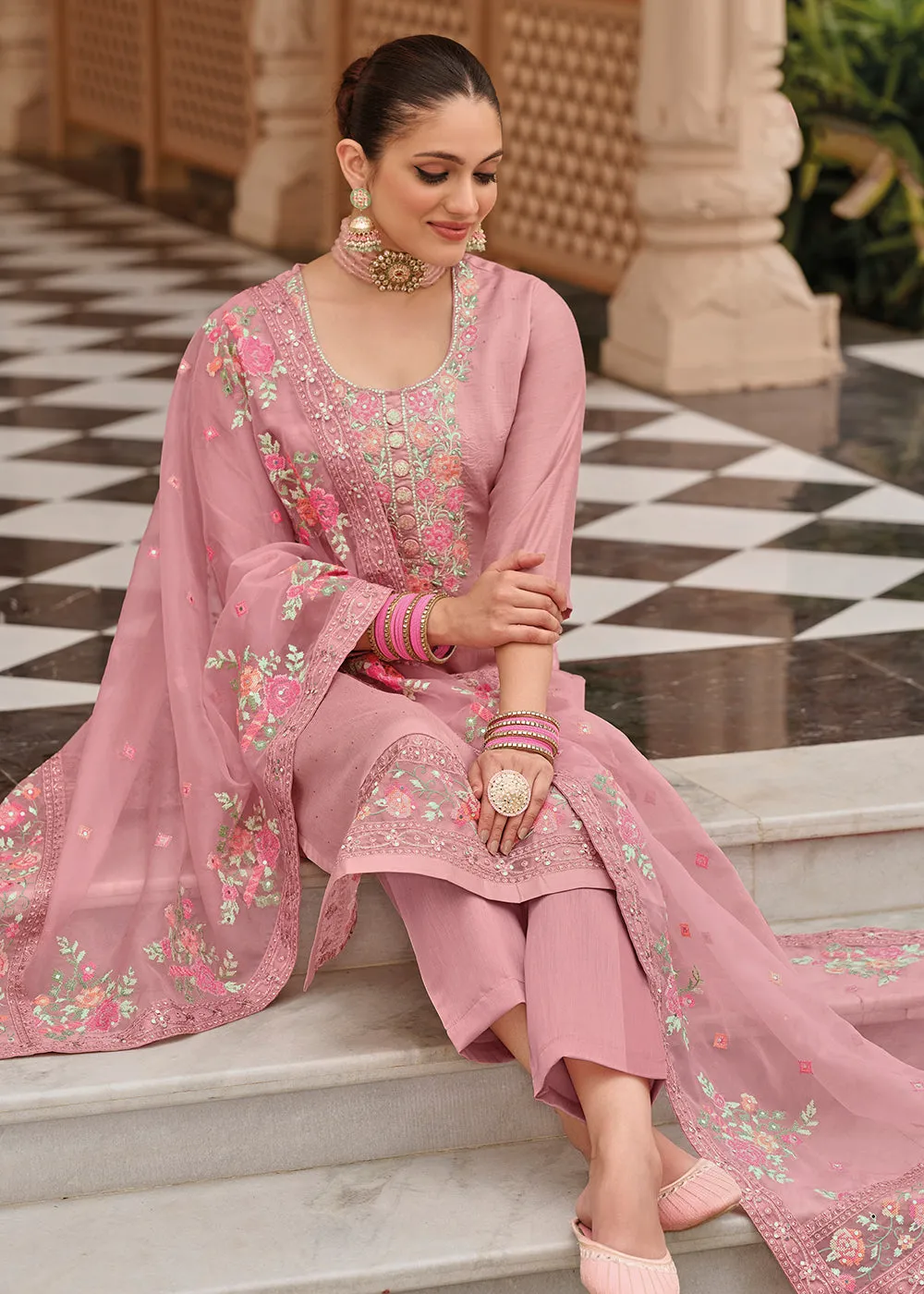 Pink Maheshwari Silk Embroidered Festive Salwar Suit