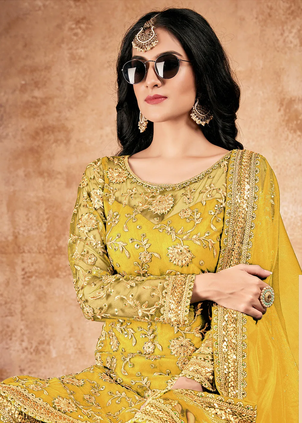 Pleasance Yellow Net Sequins Pakistani Gharara Suit