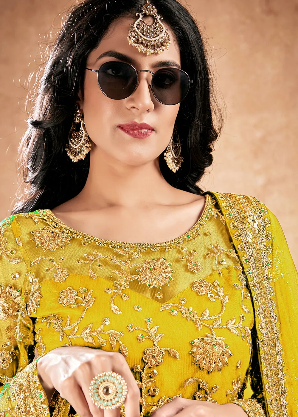 Pleasance Yellow Net Sequins Pakistani Gharara Suit