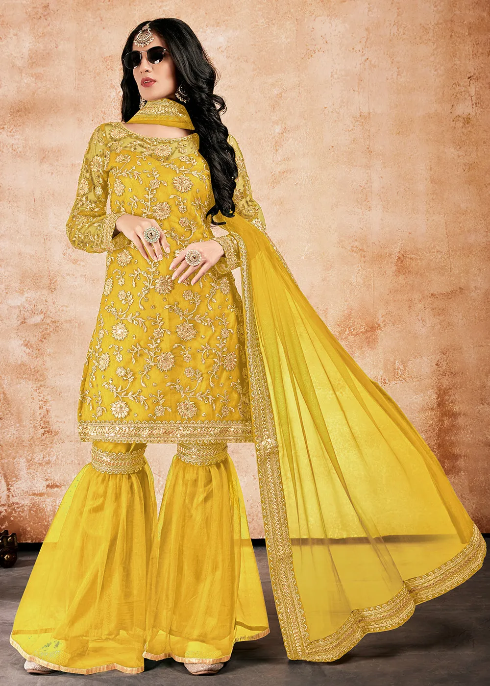 Pleasance Yellow Net Sequins Pakistani Gharara Suit