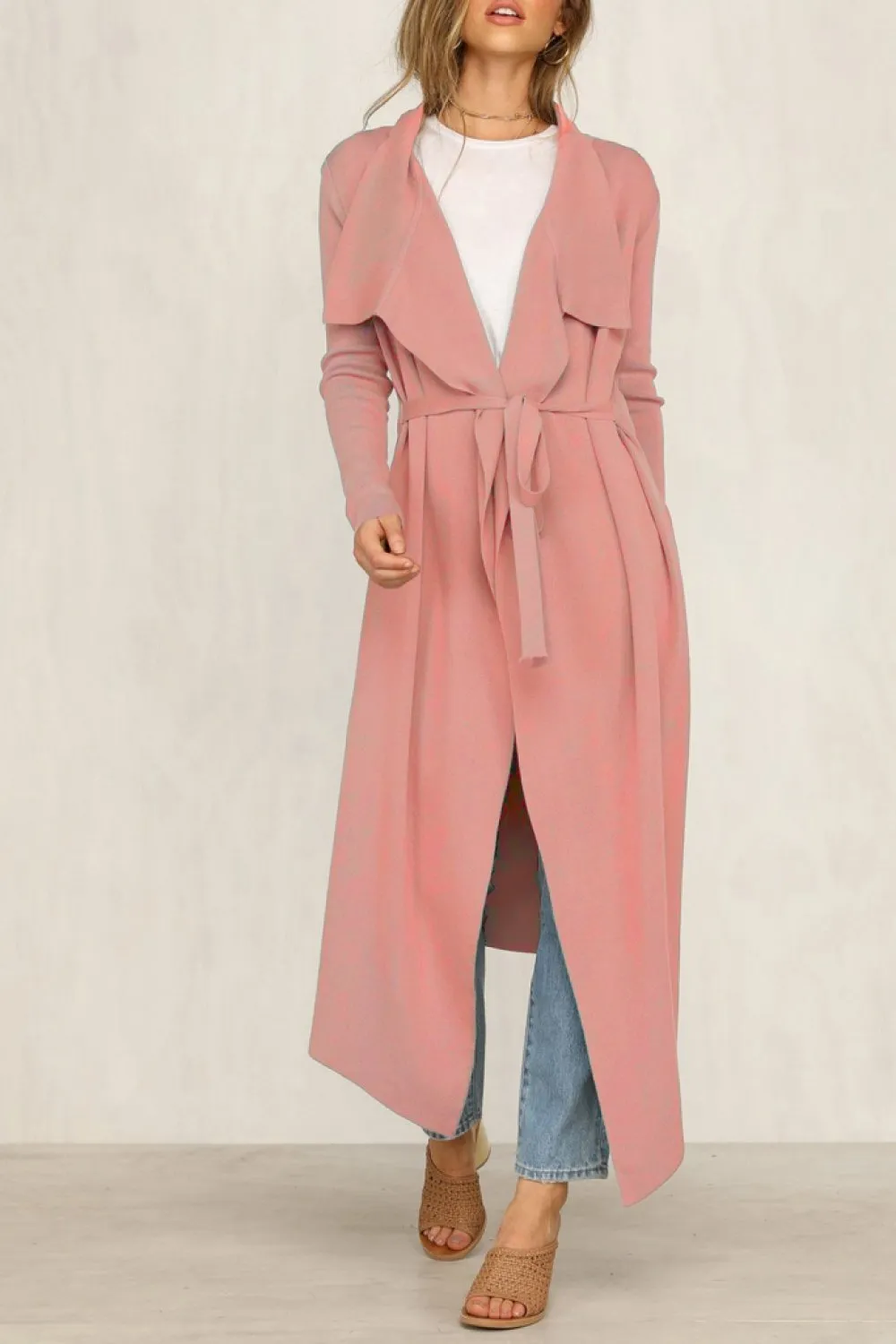 Pure Color Long-sleeve Belt Windbreaker