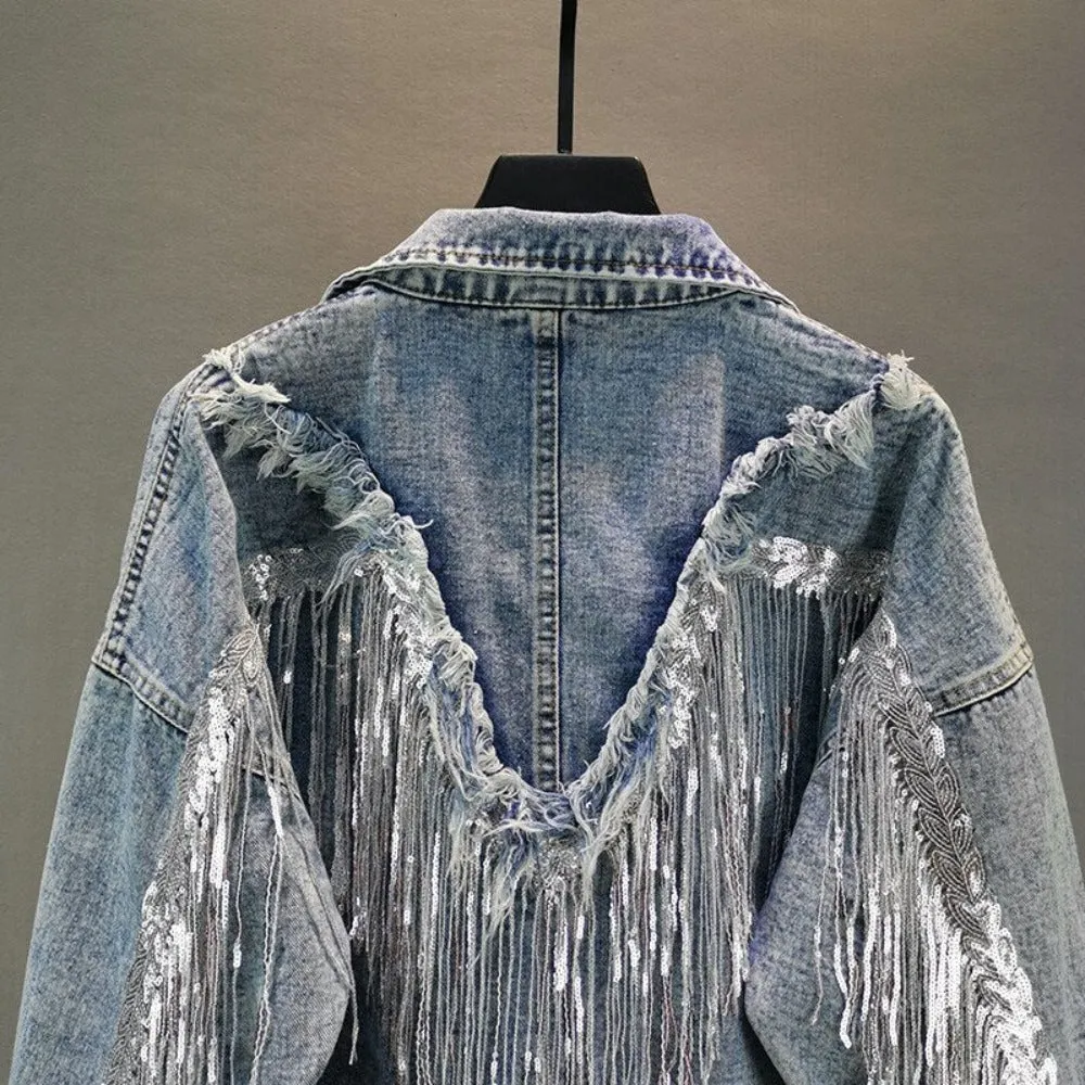 Sequined Fringed Short Style Denim Jacket