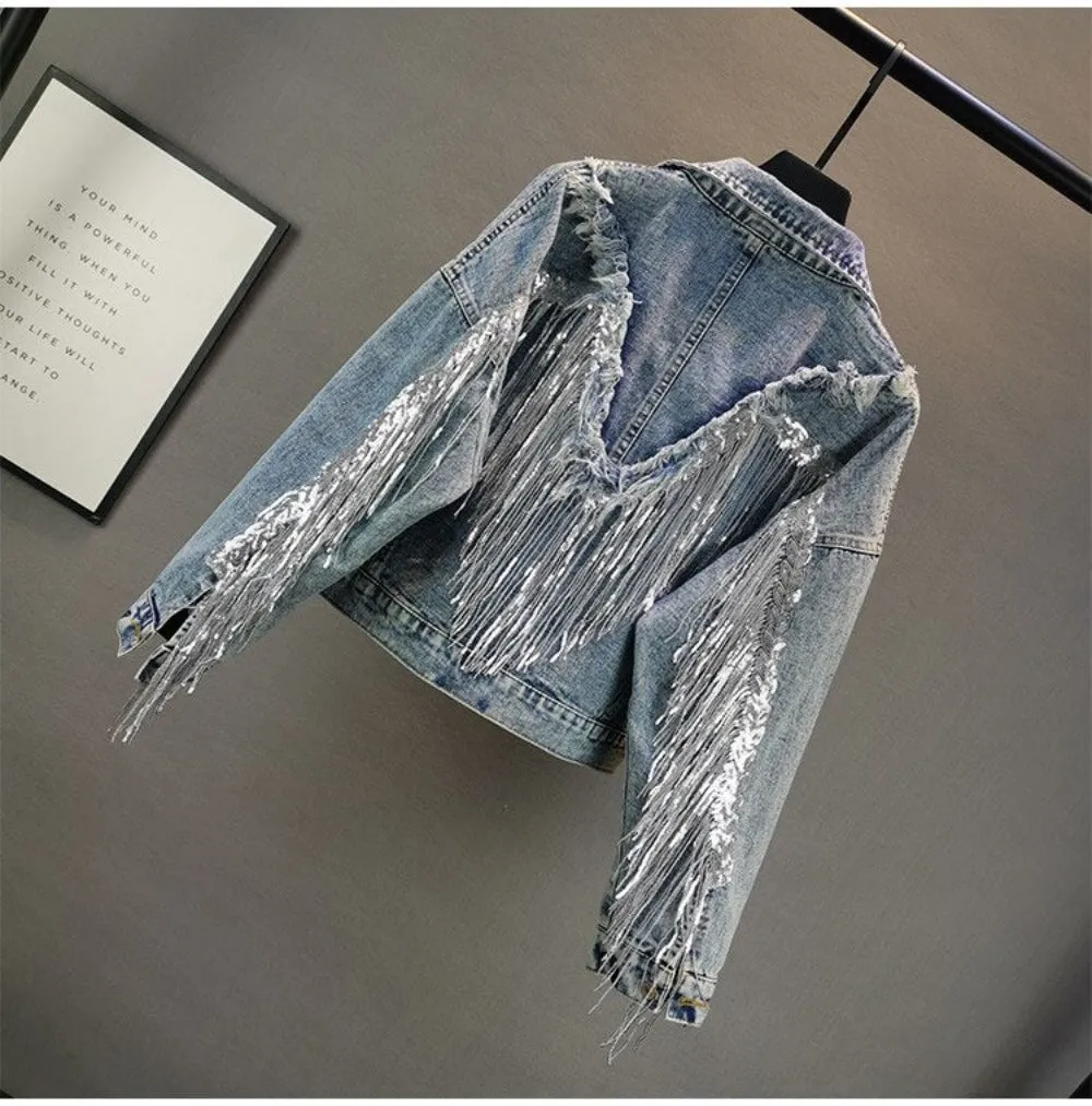 Sequined Fringed Short Style Denim Jacket