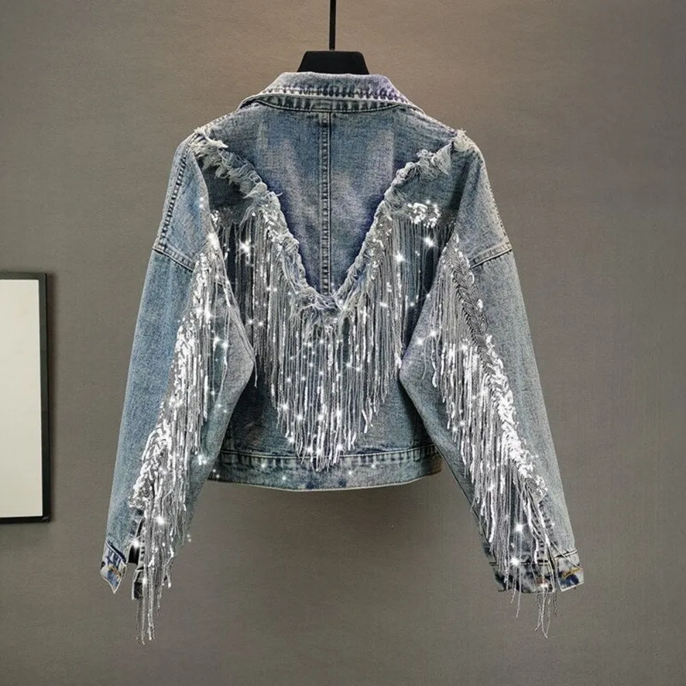 Sequined Fringed Short Style Denim Jacket