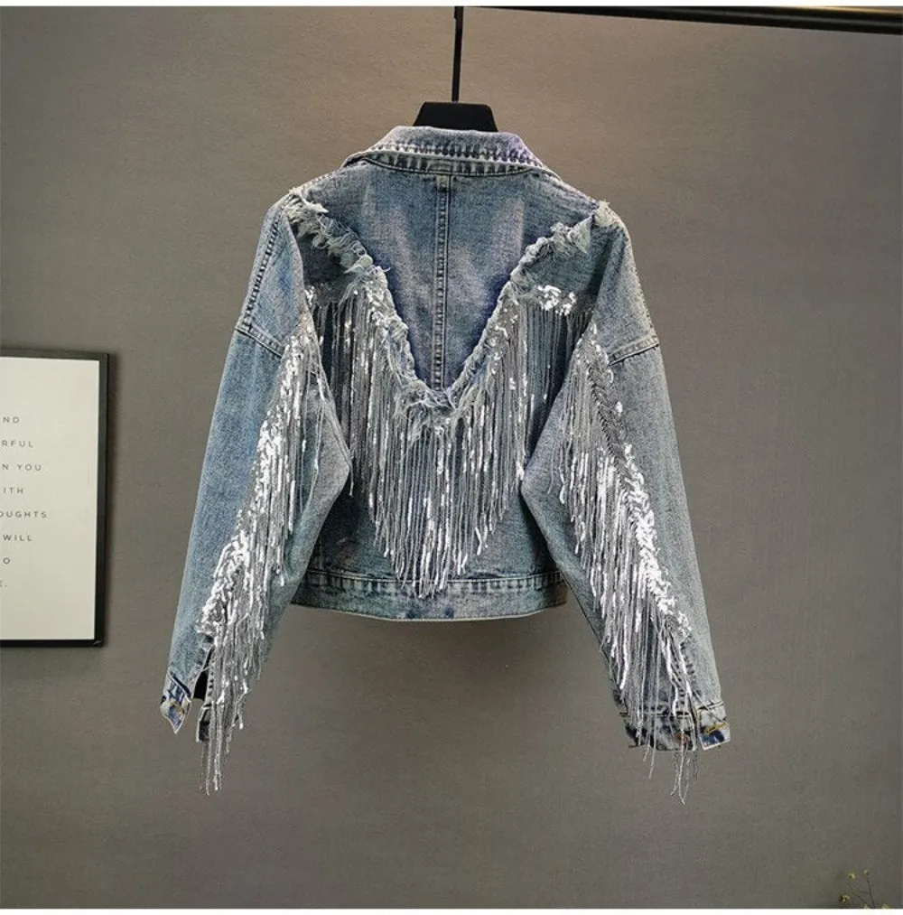 Sequined Fringed Short Style Denim Jacket