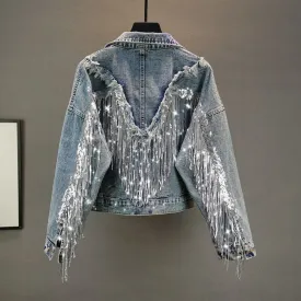 Sequined Fringed Short Style Denim Jacket