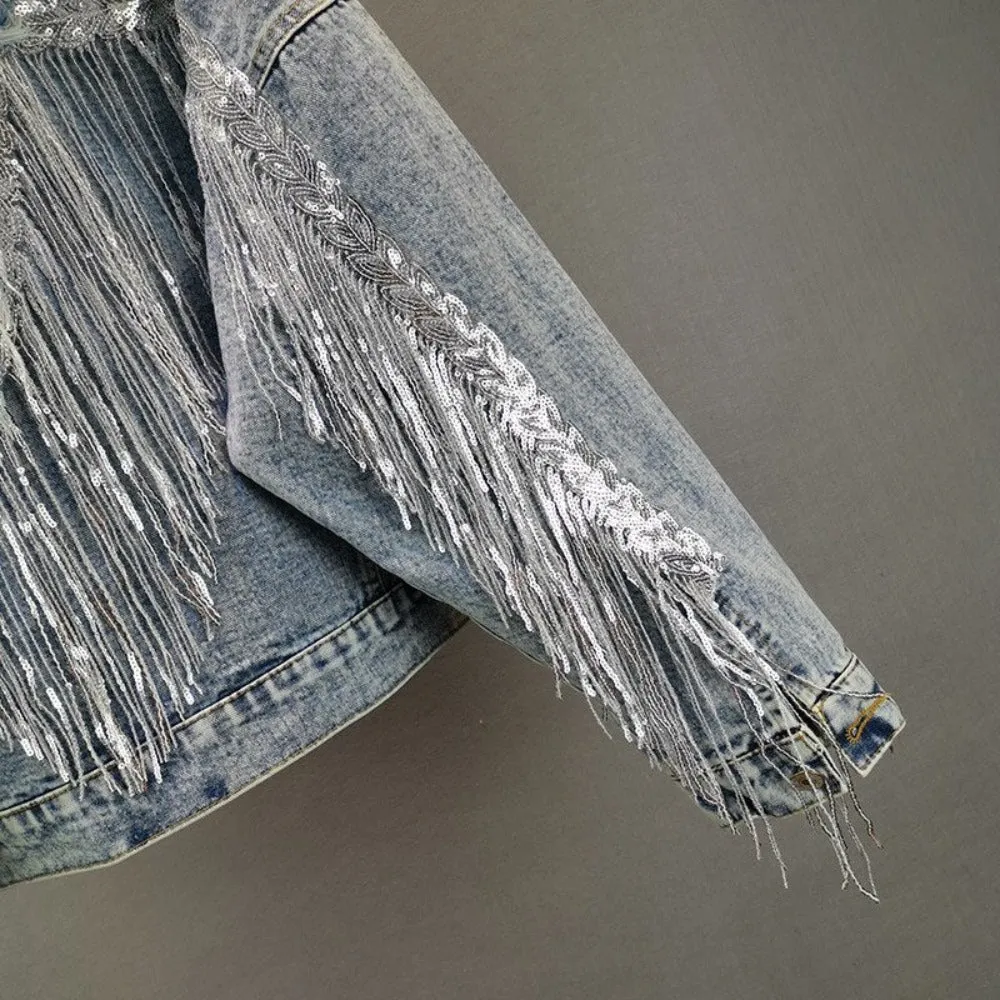Sequined Fringed Short Style Denim Jacket