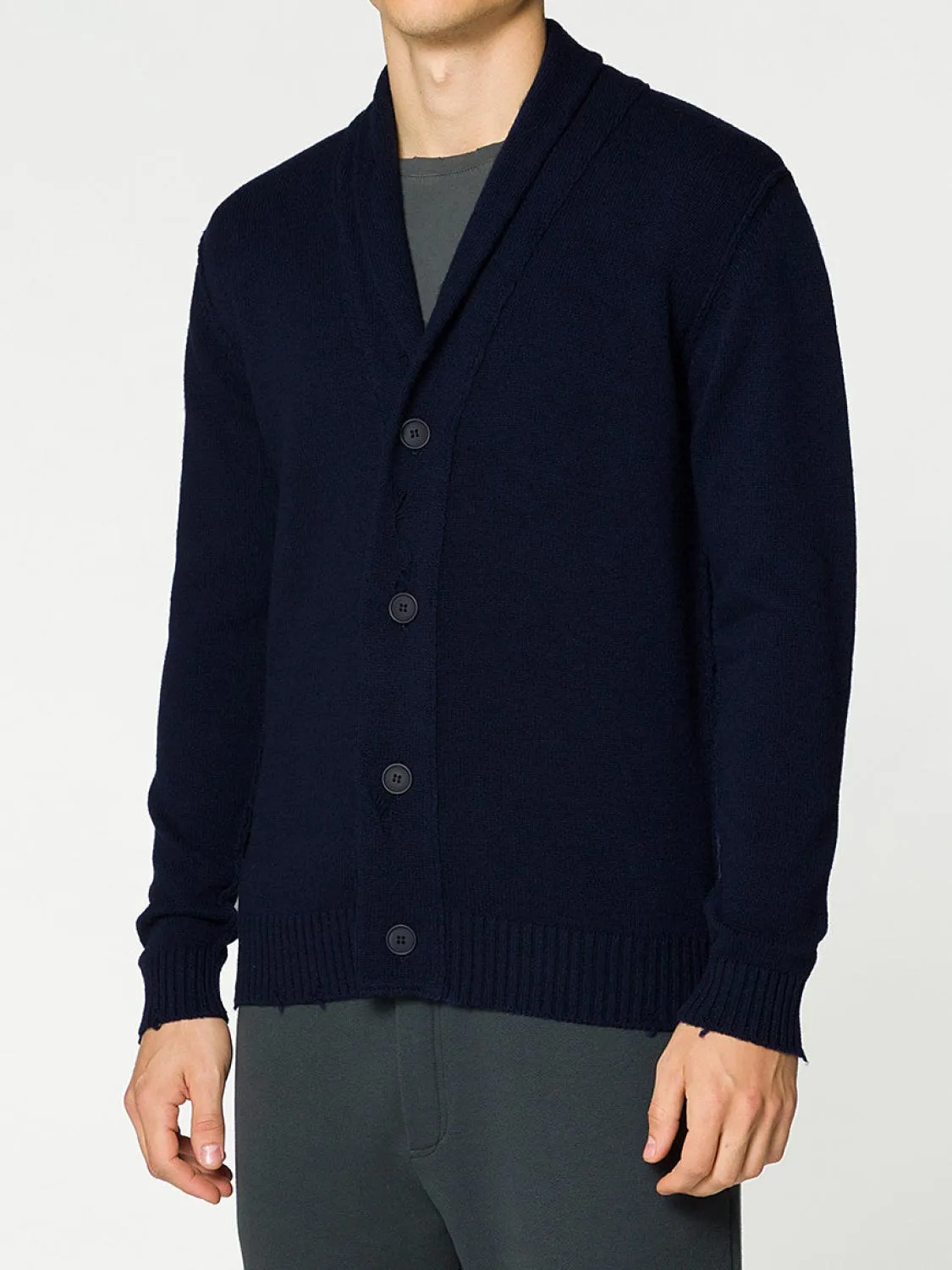 Shawl Collar Distressed Cardigan Virgin Wool Navy