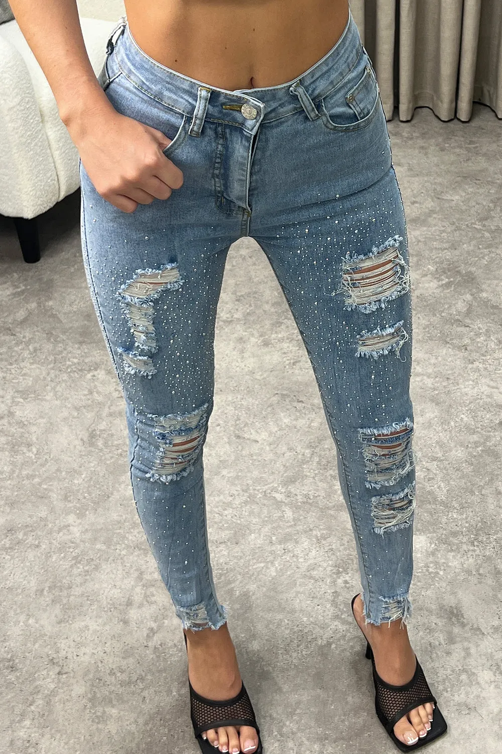 Sohanna Blue Rhinestone Embellished Distressed Skinny Denim Jeans