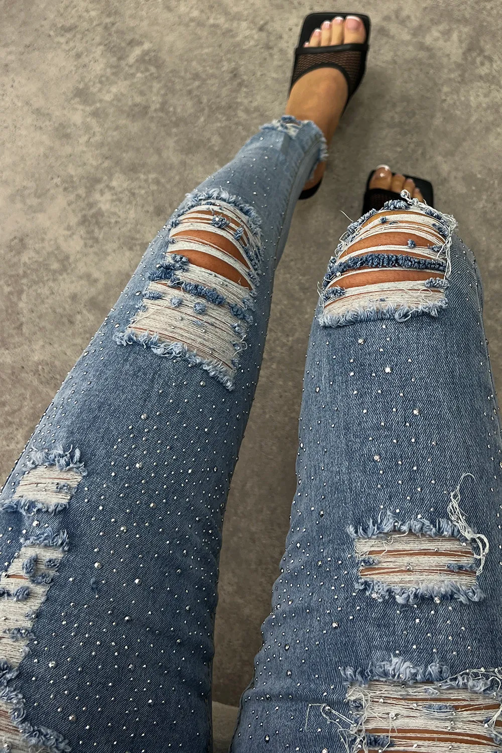 Sohanna Blue Rhinestone Embellished Distressed Skinny Denim Jeans