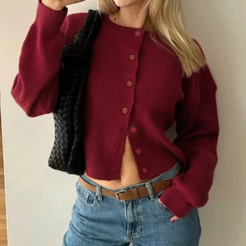 Toleet Lady Solid Color Button Up Cardigan for Women Fall Winter Knitted Long Sleeve Korean Style Jumper Minimalism Outwear