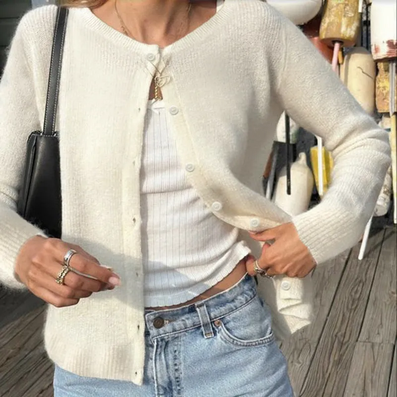 Toleet Lady Solid Color Button Up Cardigan for Women Fall Winter Knitted Long Sleeve Korean Style Jumper Minimalism Outwear